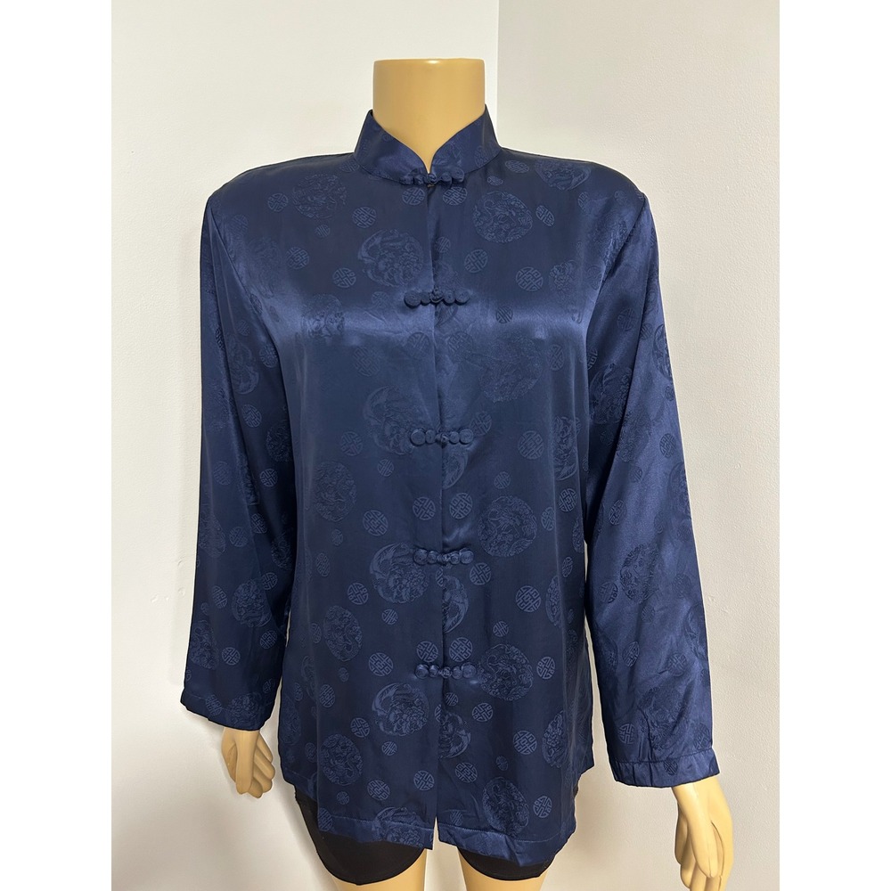 VINTAGE ASILK Navy Blue Satin Jacquard Dragon Mandarin Frog Button Blouse M
